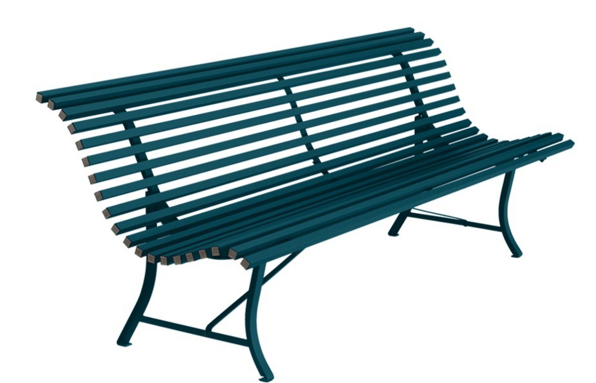 Blaue Fermob Gartenbank Louisiane aus Metall mit Lattenstruktur für den Außenbereich.